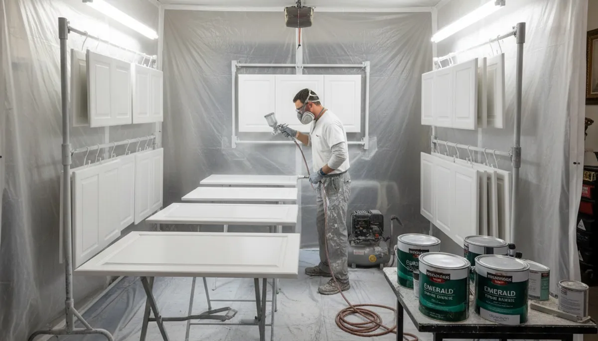 Painter refinishing Fresno kitchen cabinets with smooth, durable spray finish for lasting cabinet updates