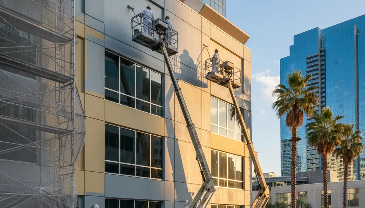 Professional commercial painters working on business exterior in Fresno, CA