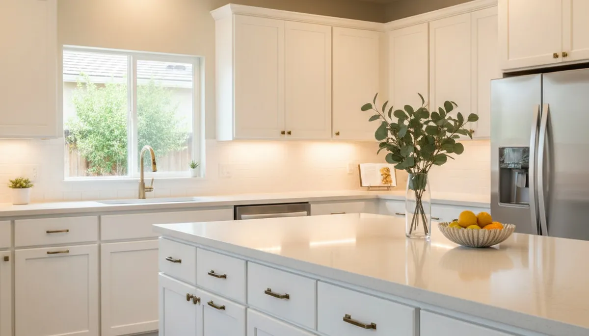Refinished kitchen cabinets with smooth modern finish by house painters in Fresno, CA