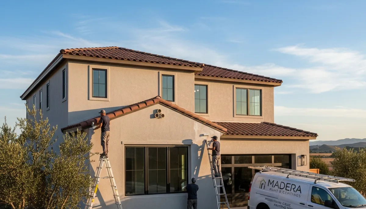 Professional house painters in Fresno CA applying exterior paint to a residential home façade