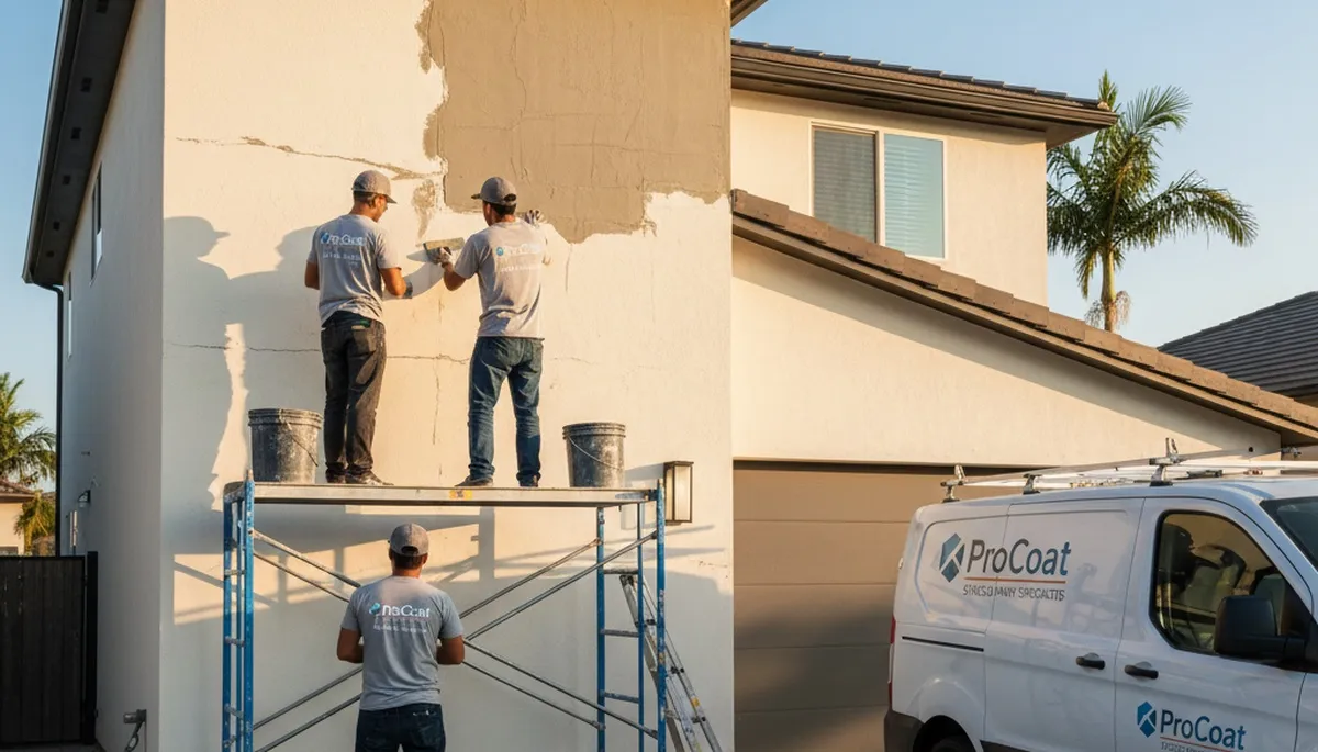Professional stucco repair on Fresno, CA home exterior by expert house painters restoring wall finish
