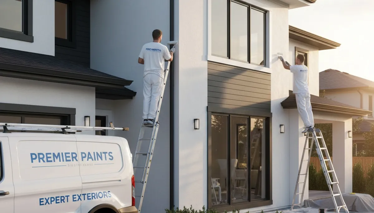 Professional trim and fascia painting on suburban home in Fresno, CA by expert house painters
